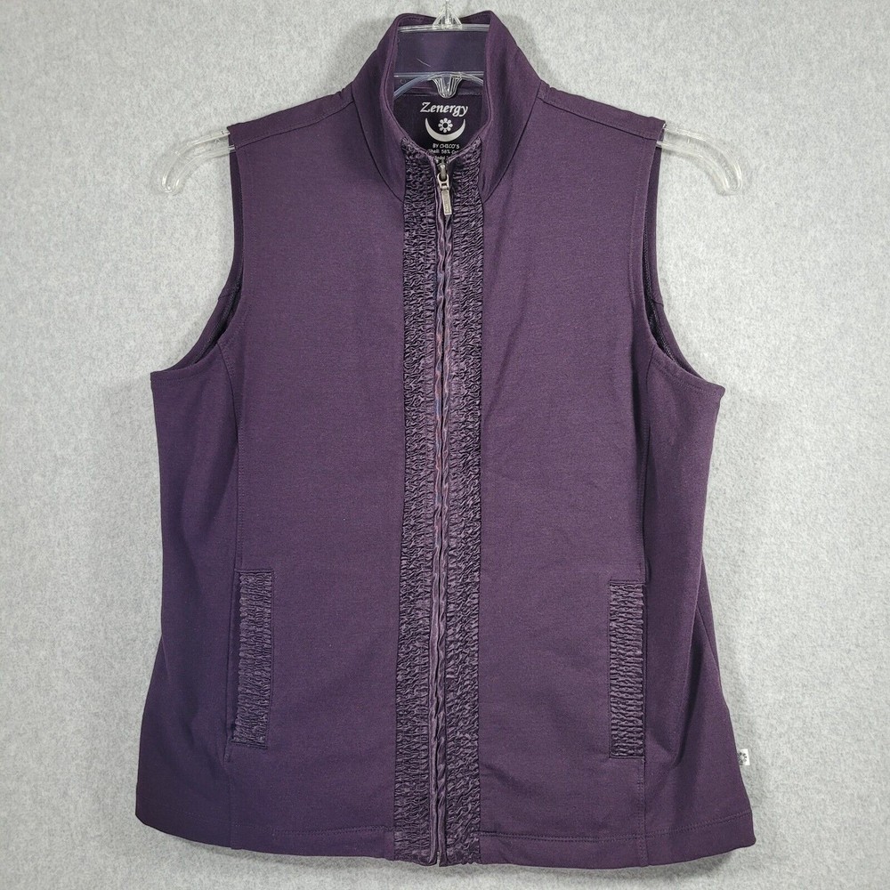 Zenergy by Chicos Vest Womens 1 M Purple Full Zip Ruched Trim Pockets High Neck